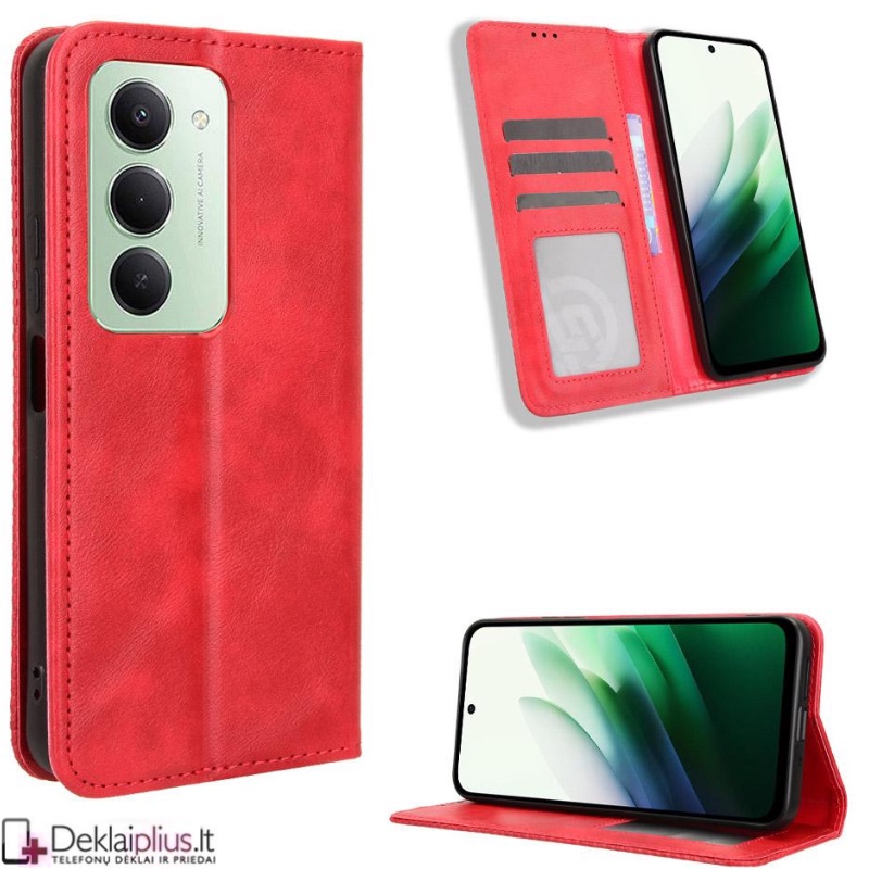 Dirbtinės odos atverčiamas dėklas su skyreliais - raudonas (Xiaomi Redmi 15 5G) Dirbtinės odos atverčiamas dėklas su skyreliais - raudonas (Xiaomi Redmi 15 5G)